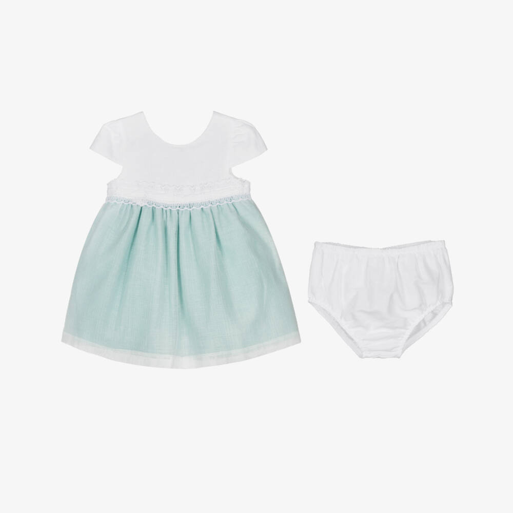 Mayoral Newborn-Girls Green & White Cotton & Linen Dress | Childrensalon