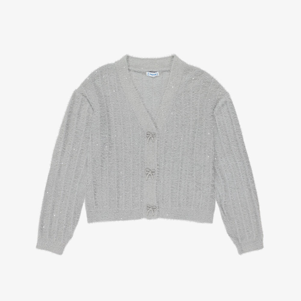 Mayoral-Girls Grey Fluffy Knit Sparkly Cardigan | Childrensalon