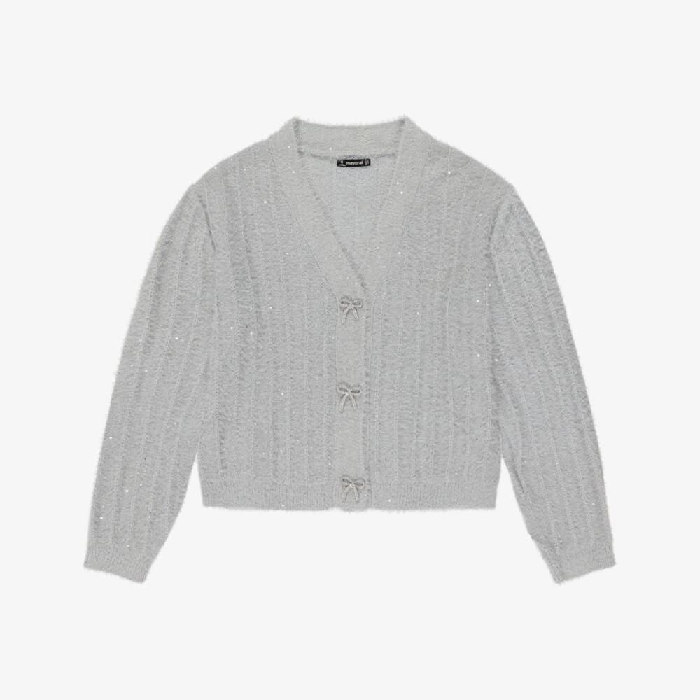 Mayoral-Girls Grey Fluffy Knit Sparkly Cardigan | Childrensalon