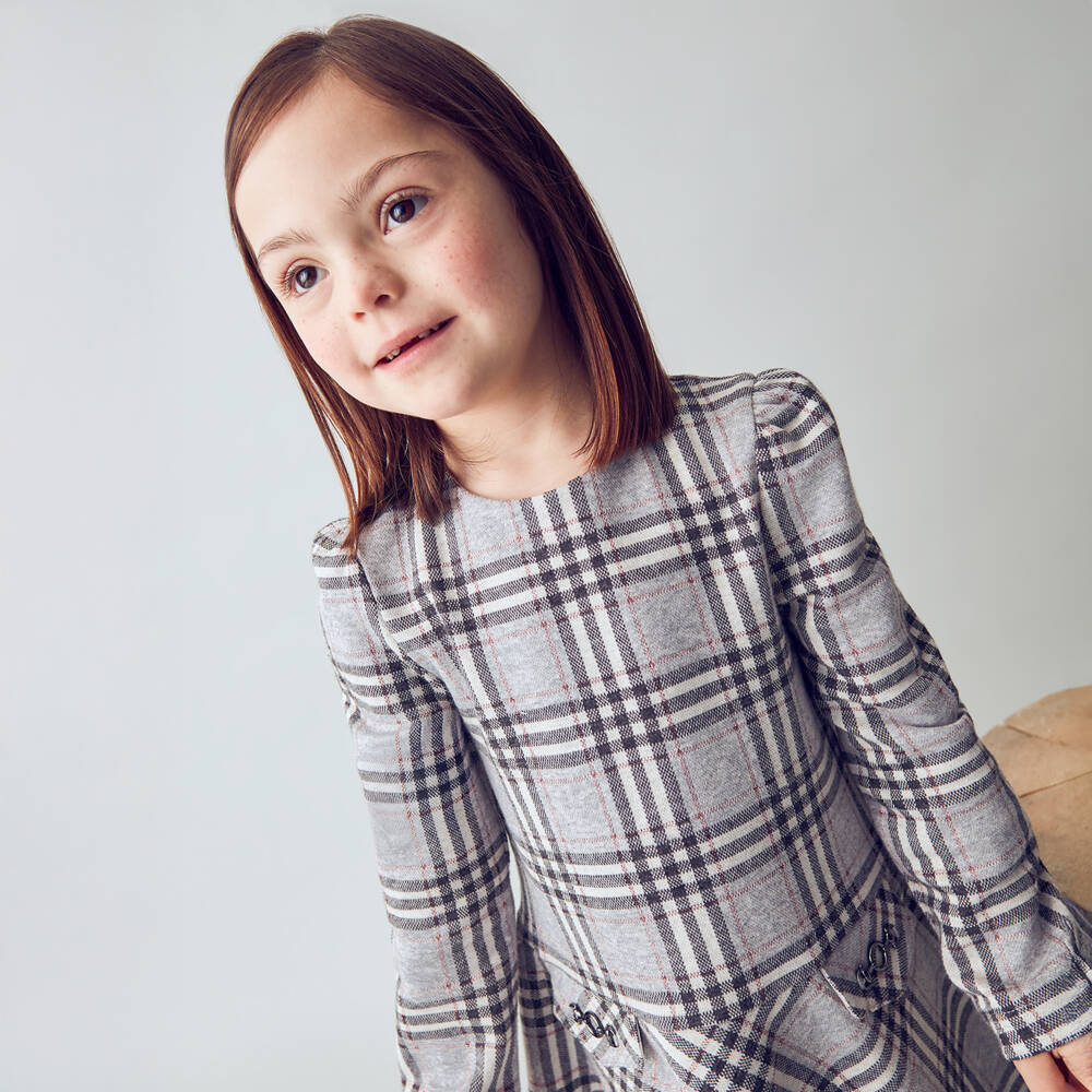 Mayoral-Girls Grey & Glittery Red Check Cotton Jersey Dress | Childrensalon