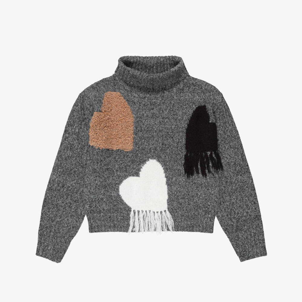 Mayoral-Girls Grey Knit Sweater with Heart Motifs | Childrensalon