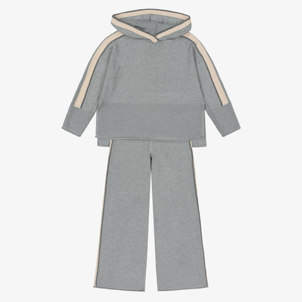 Mayoral-Брючный комплект серый вязаный с полосатыми отделками для девочек | Childrensalon
