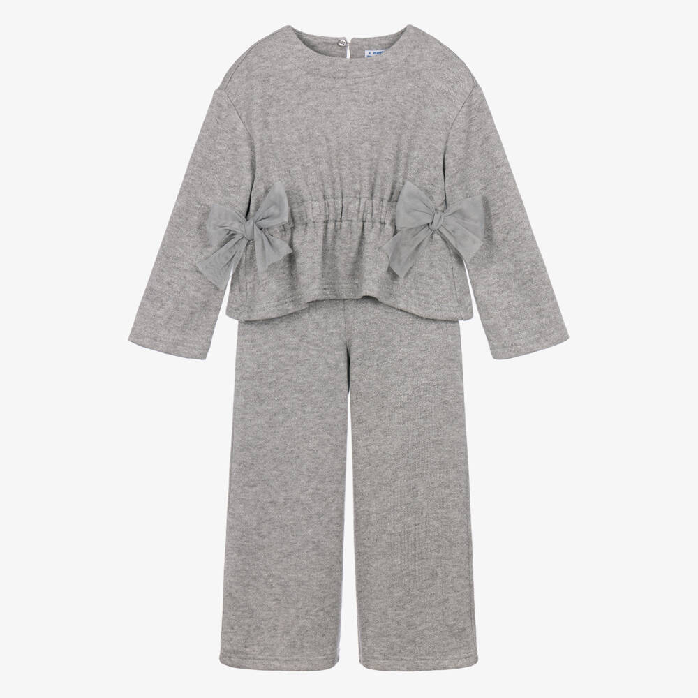 Mayoral-Girls Grey Lurex Knit Trouser Set with Bows | Childrensalon