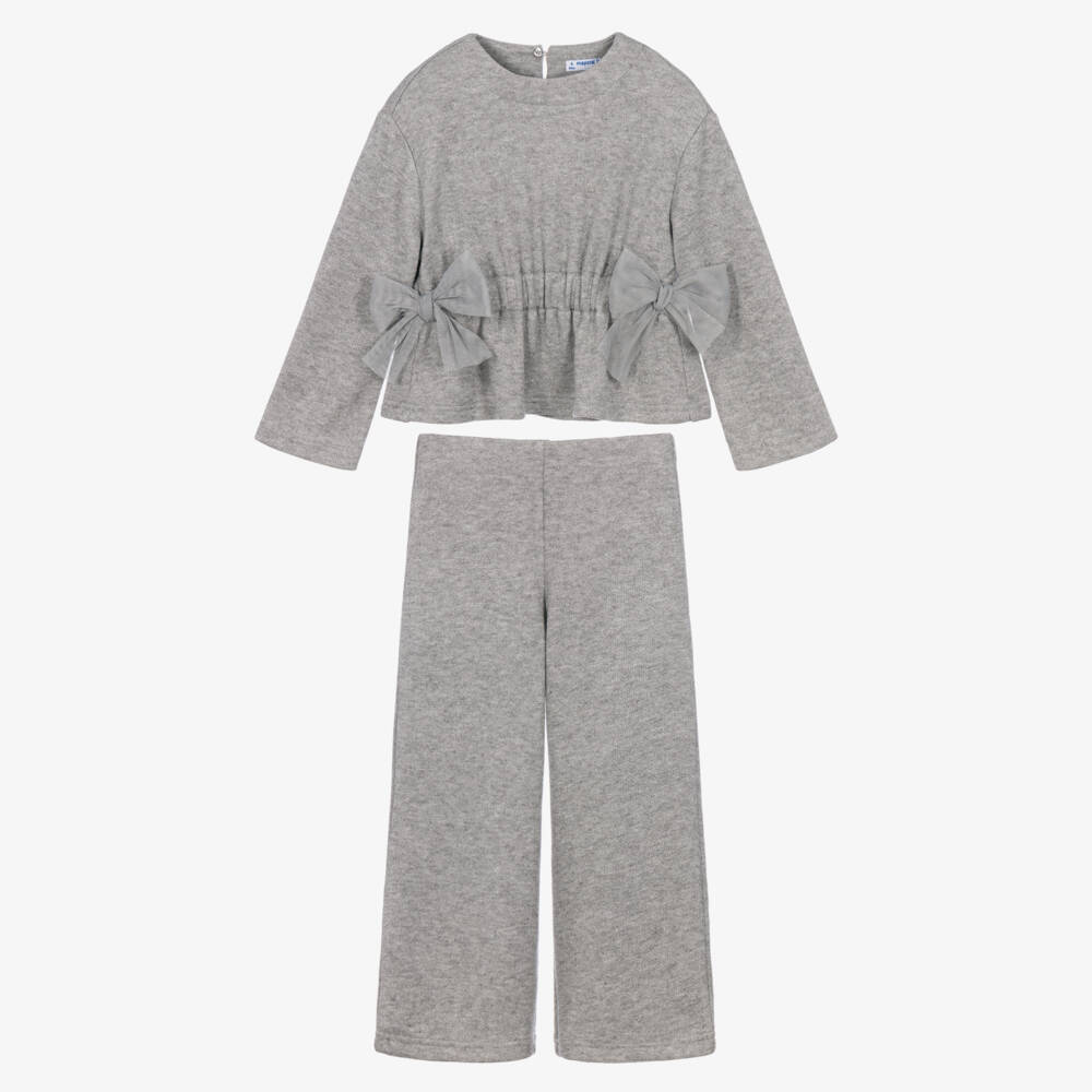Mayoral-Girls Grey Lurex Knit Trouser Set with Bows | Childrensalon