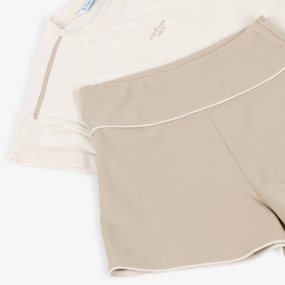 Mayoral-Girls Ivory & Beige Cotton Jersey Shorts Set | Childrensalon