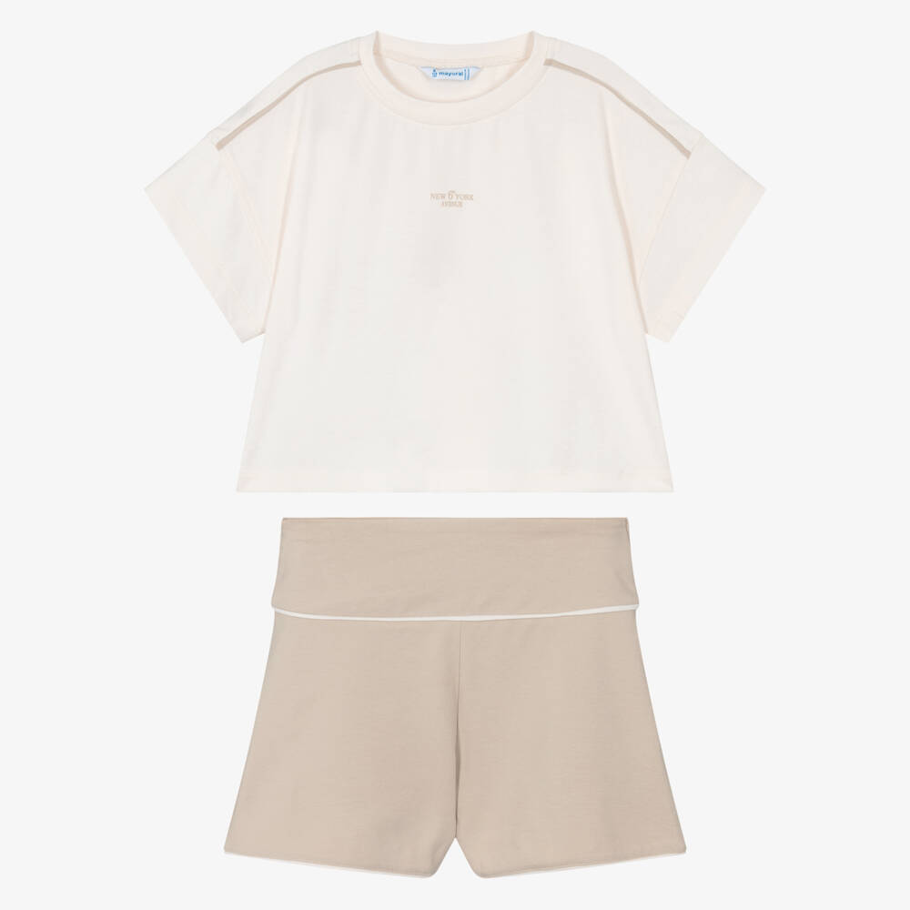 Mayoral-Girls Ivory & Beige Cotton Jersey Shorts Set | Childrensalon