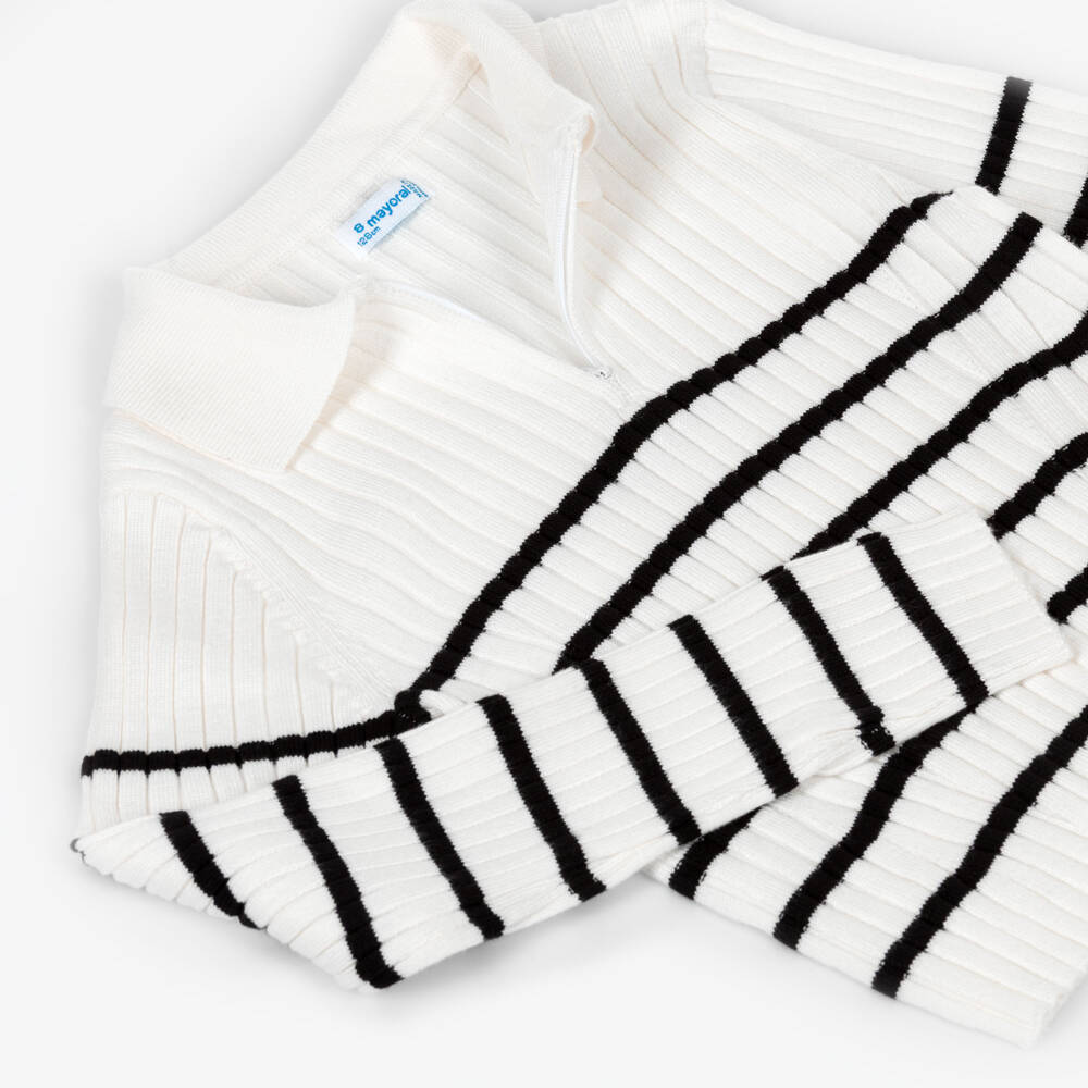 Mayoral-Girls Ivory & Black Stripe Jumper with Zipped Neck | Childrensalon