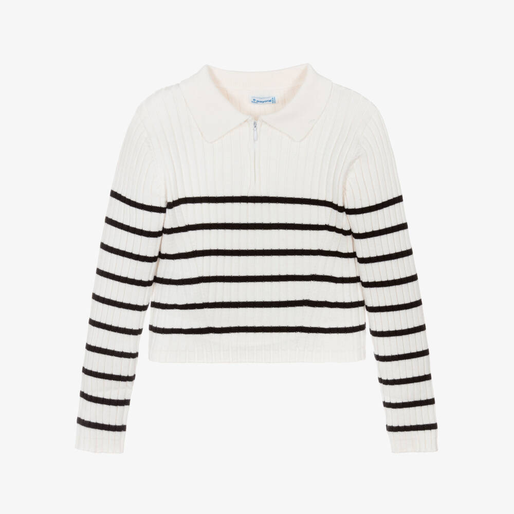Mayoral-Girls Ivory & Black Stripe Jumper with Zipped Neck | Childrensalon