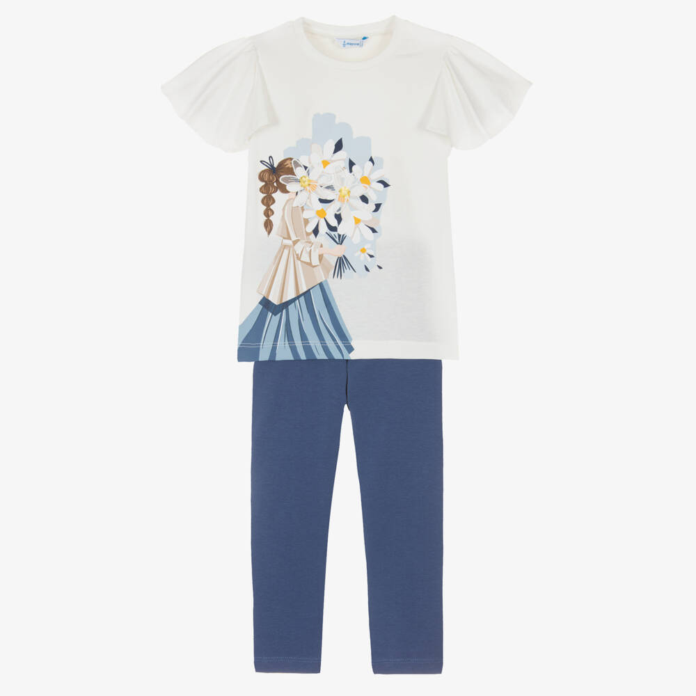 Mayoral-Girls Ivory & Blue Cotton Leggings Set with Floral Detail | Childrensalon