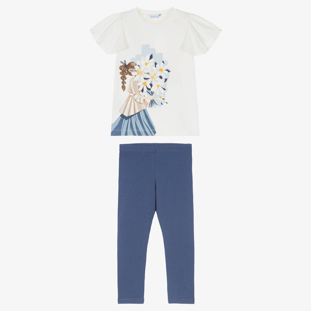 Mayoral-Girls Ivory & Blue Cotton Leggings Set with Floral Detail | Childrensalon