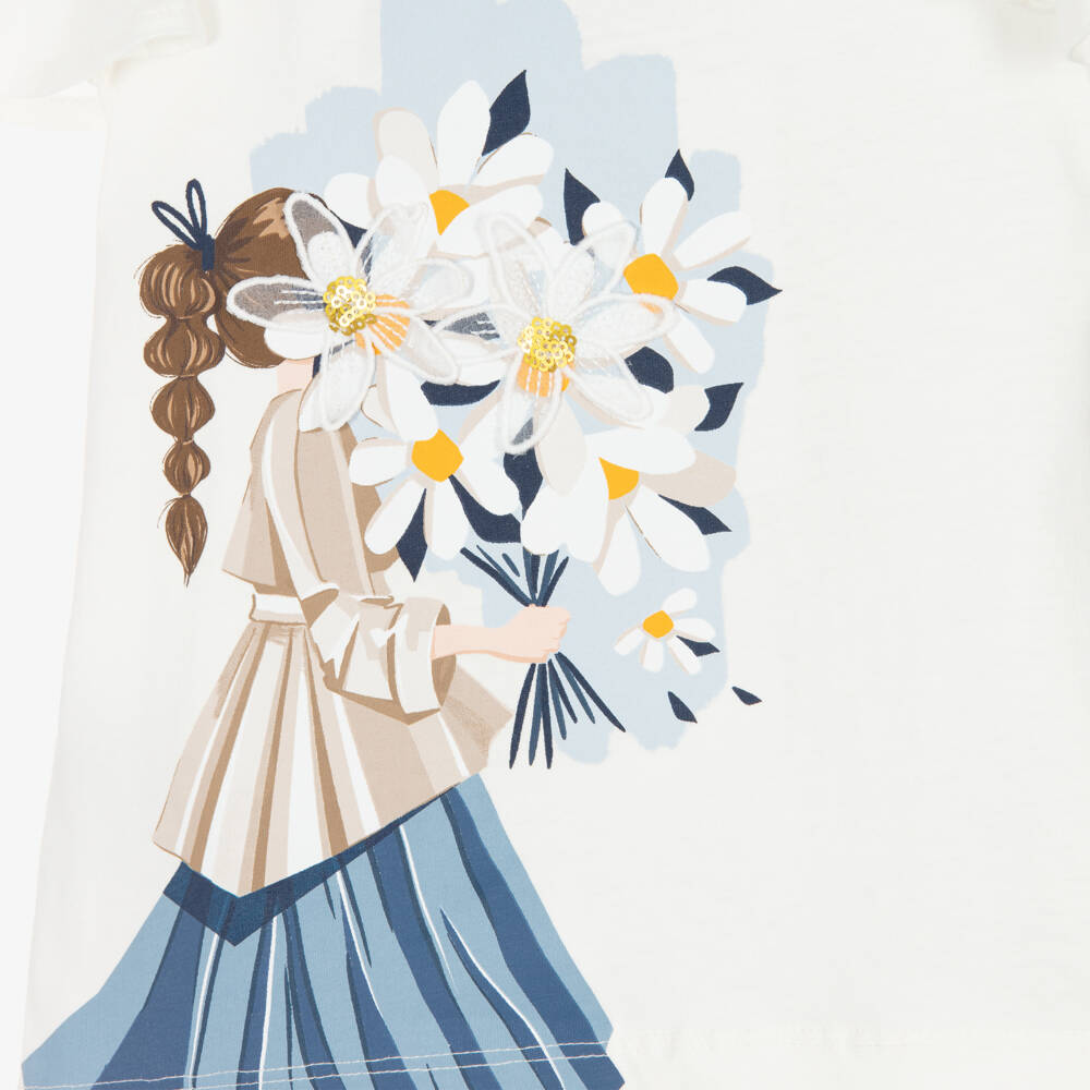 Mayoral-Girls Ivory & Blue Cotton Leggings Set with Floral Detail | Childrensalon