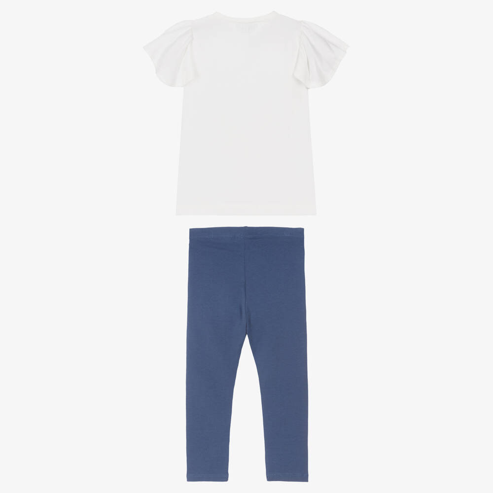 Mayoral-Girls Ivory & Blue Cotton Leggings Set with Floral Detail | Childrensalon