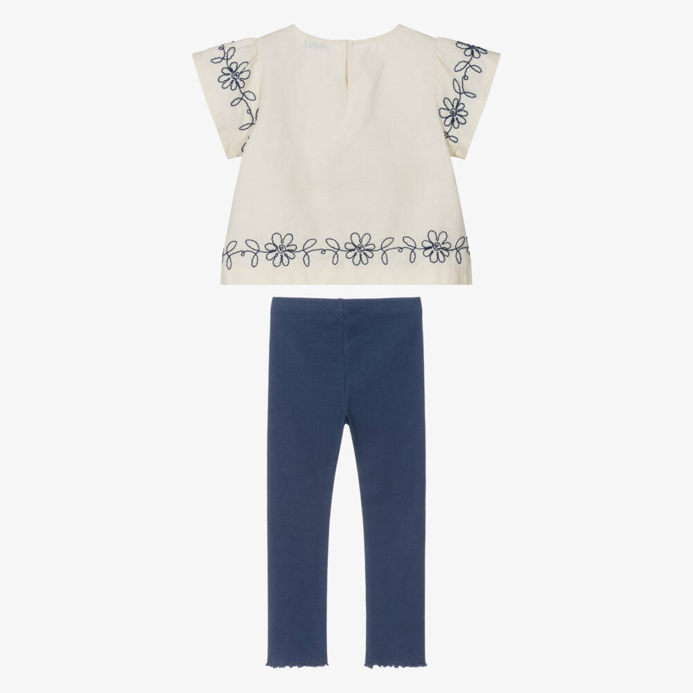 Mayoral-Girls Ivory & Blue Embroidered Leggings Set | Childrensalon