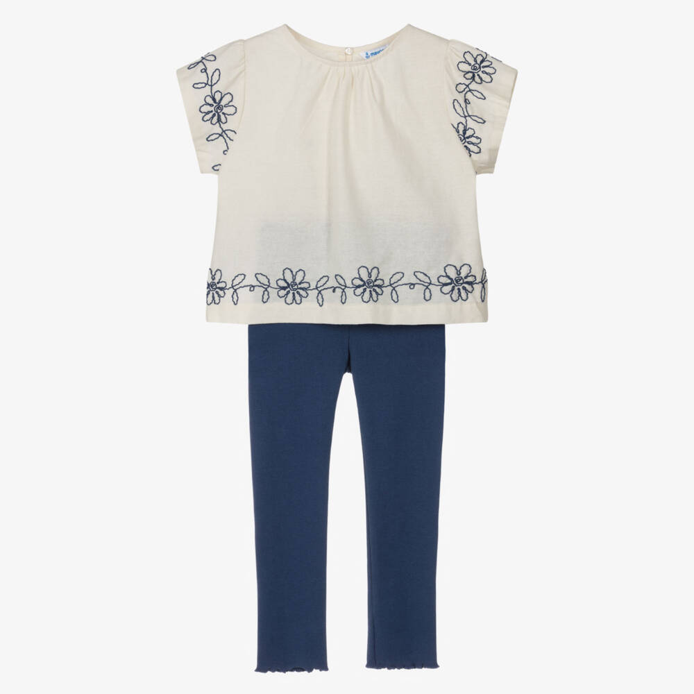 Mayoral-Girls Ivory & Blue Embroidered Leggings Set | Childrensalon