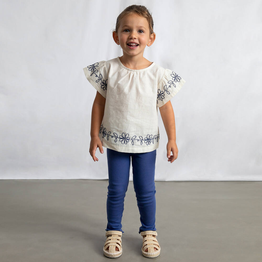 Mayoral-Girls Ivory & Blue Embroidered Leggings Set | Childrensalon