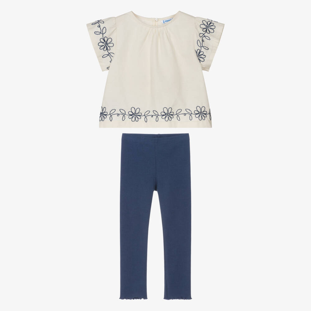 Mayoral-Girls Ivory & Blue Embroidered Leggings Set | Childrensalon