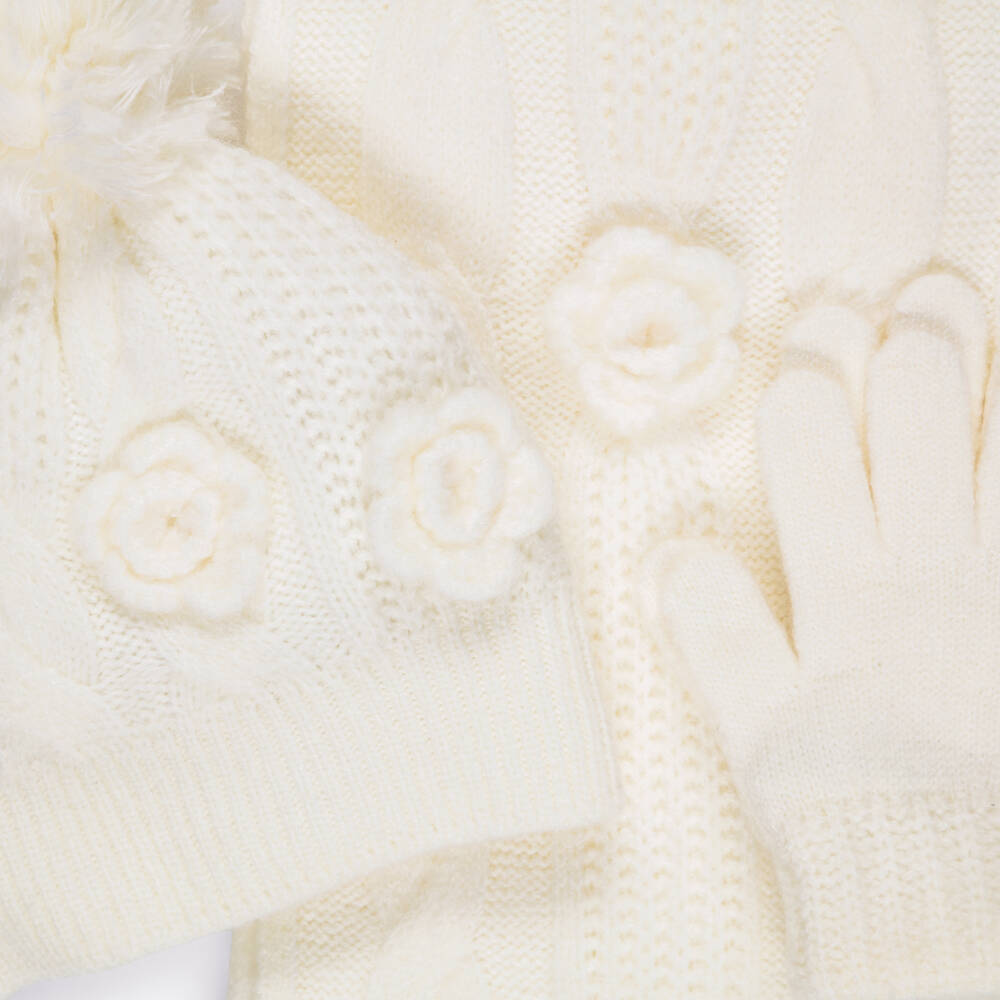 Mayoral-Girls Ivory Cable Knit Hat & Scarf Set with Gloves | Childrensalon