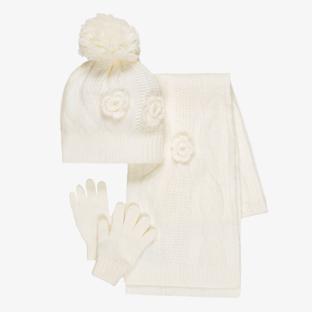 Mayoral-Girls Ivory Cable Knit Hat & Scarf Set with Gloves | Childrensalon