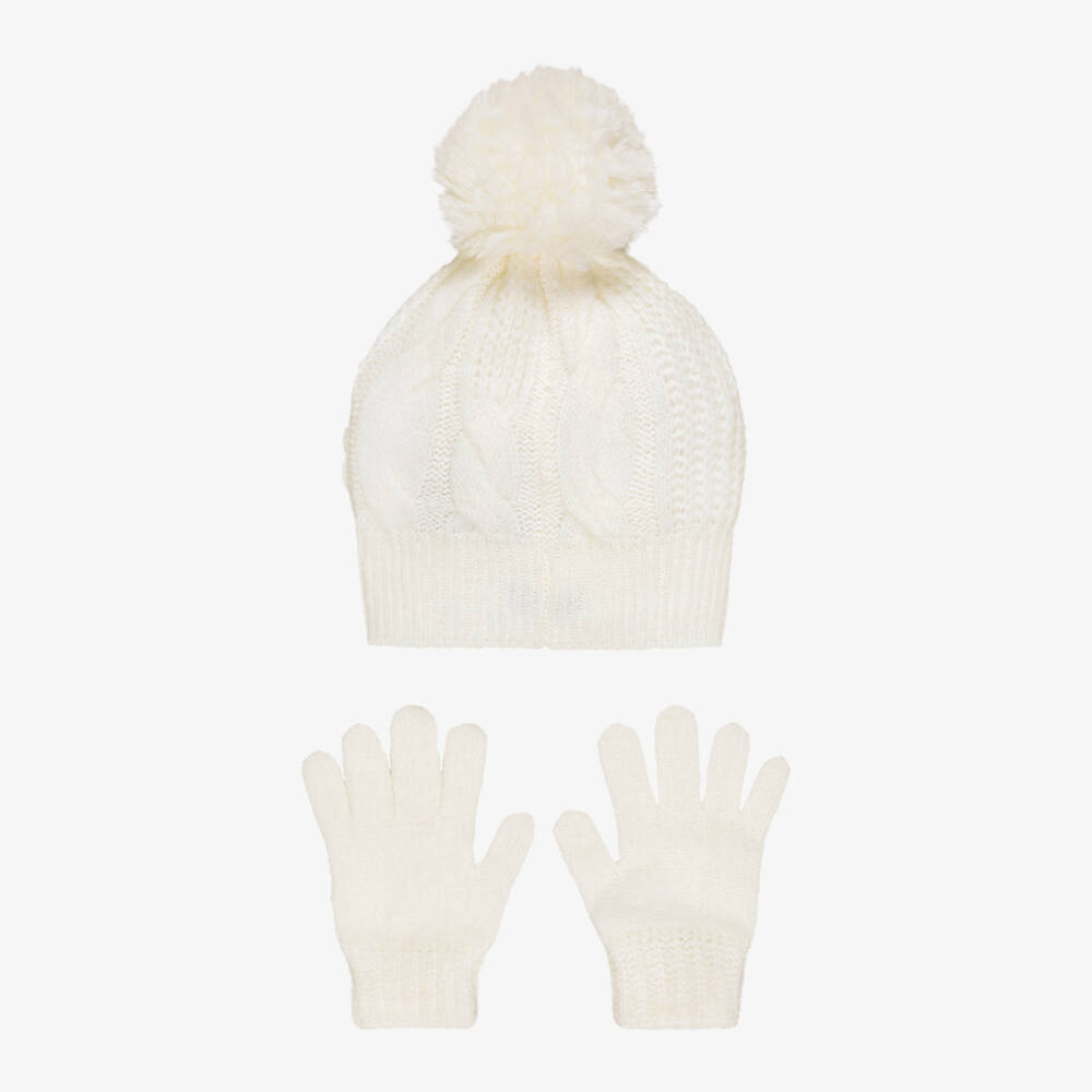 Mayoral-Girls Ivory Cable Knit Hat & Scarf Set with Gloves | Childrensalon