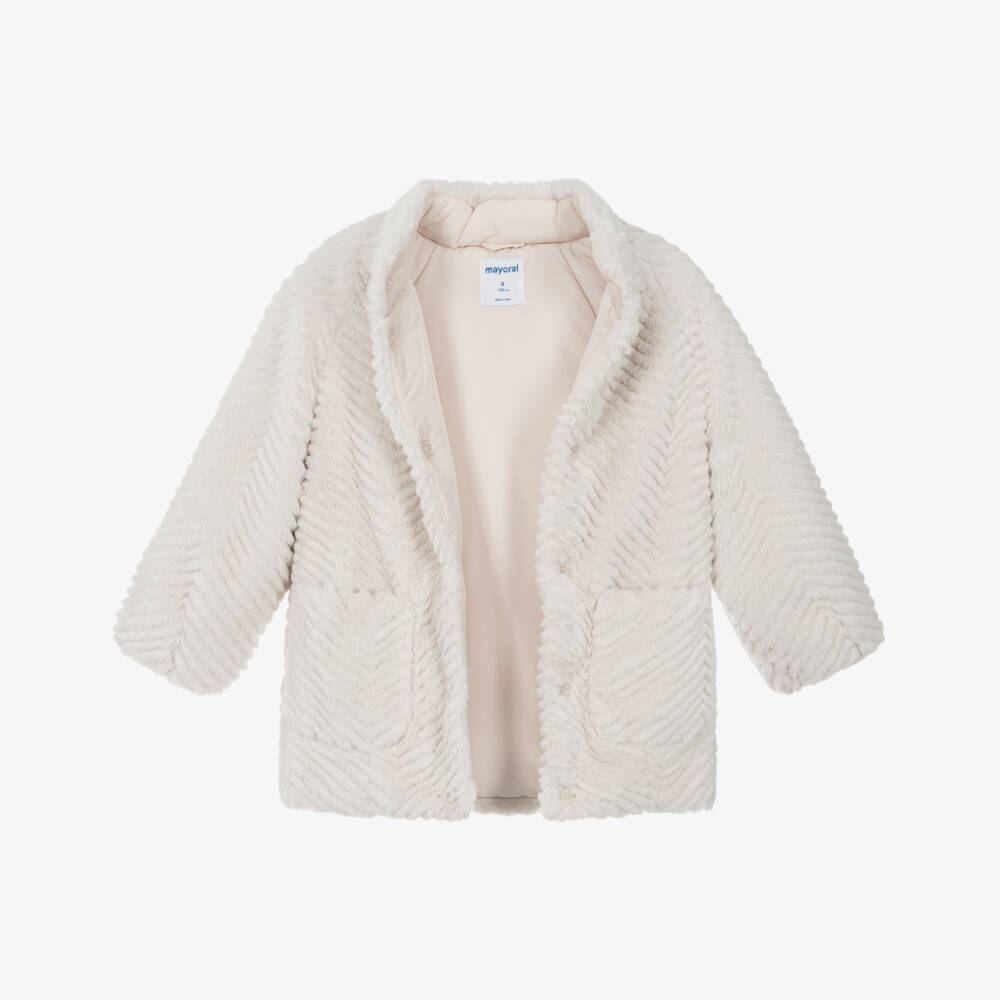 Mayoral-Girls Ivory Chevron Faux Fur Coat | Childrensalon