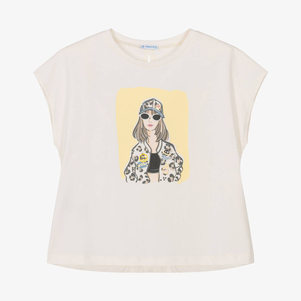 Mayoral-Girls Ivory Cotton Cap Sleeve T-Shirt with Cool Girl Print | Childrensalon