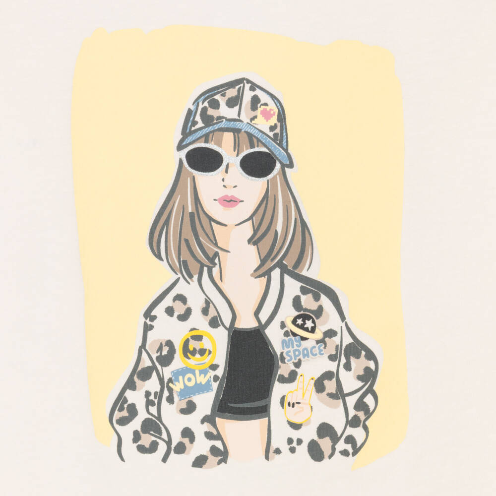 Mayoral-Girls Ivory Cotton Cap Sleeve T-Shirt with Cool Girl Print | Childrensalon
