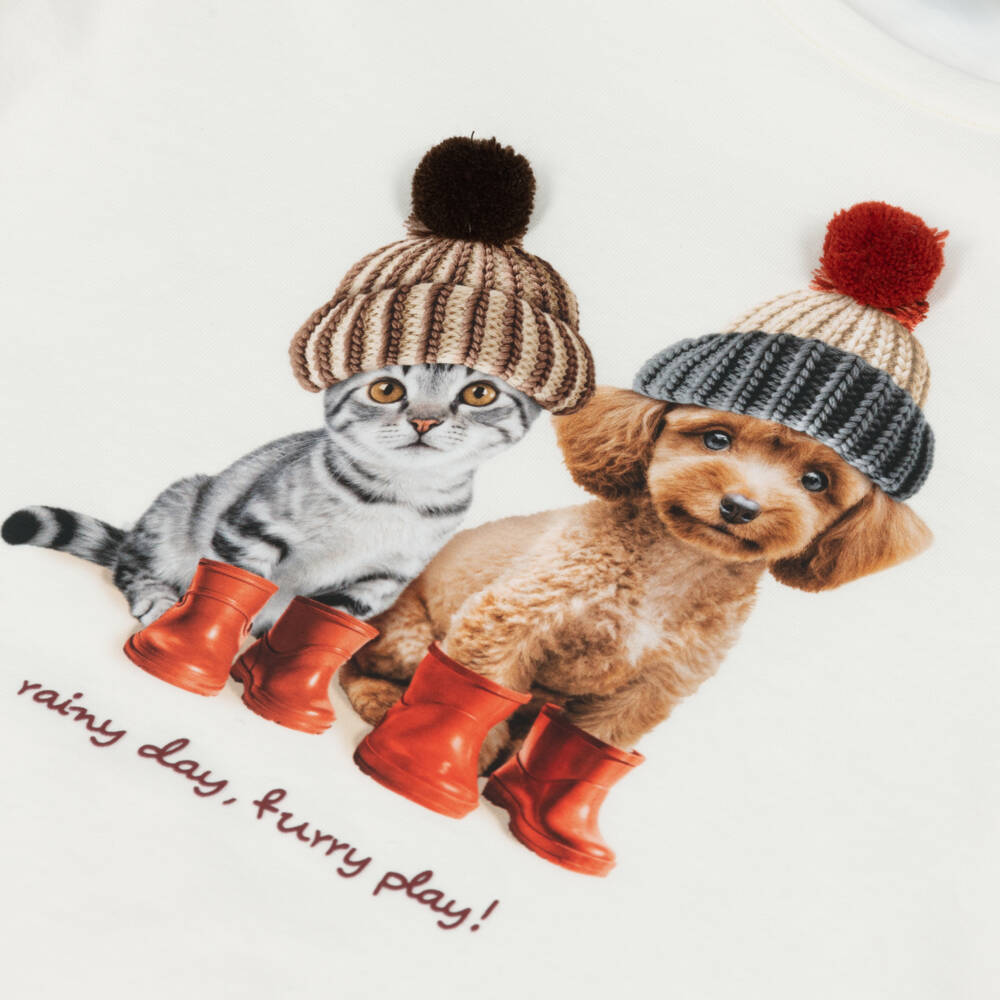 Mayoral-Girls Ivory Cotton Dog & Cat Print Top | Childrensalon