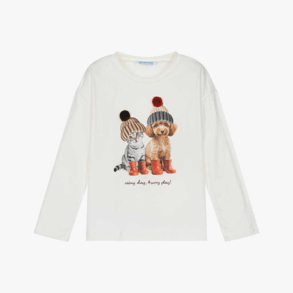 Mayoral-Girls Ivory Cotton Dog & Cat Print Top | Childrensalon