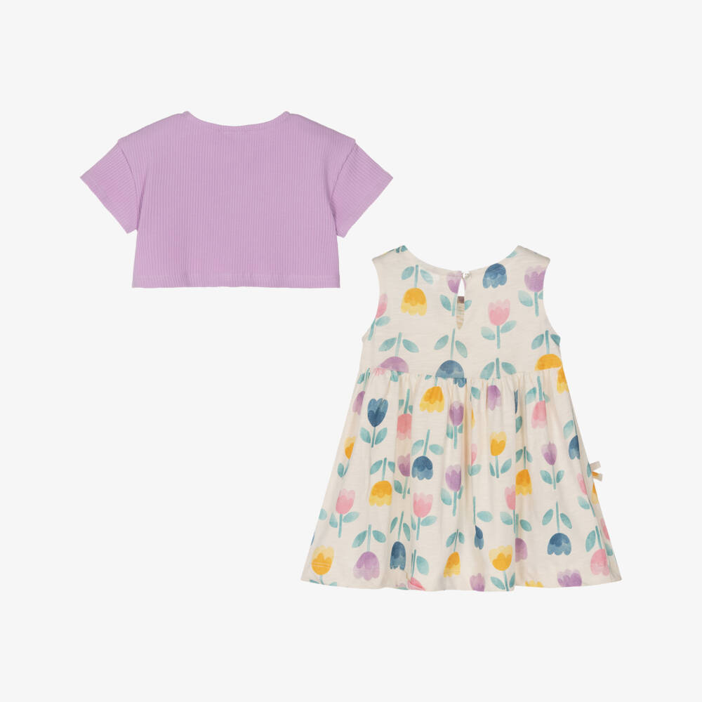 Mayoral-Girls Ivory Cotton Floral Dress & Lilac Cardigan Set | Childrensalon