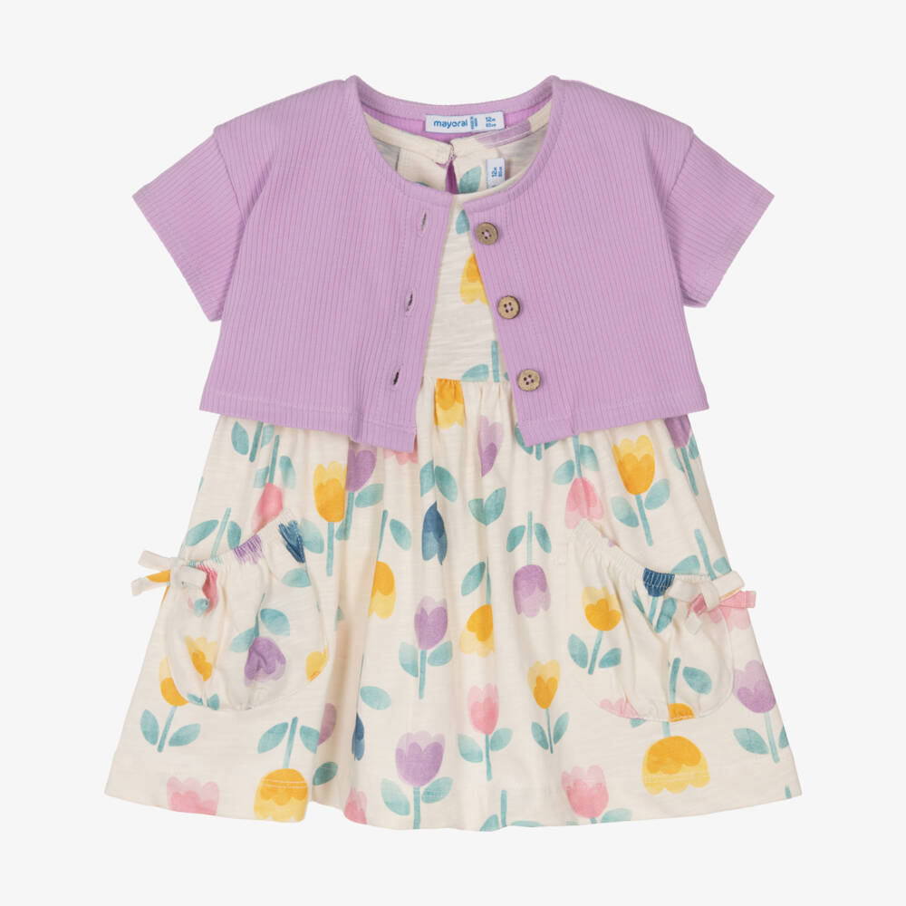 Mayoral-Girls Ivory Cotton Floral Dress & Lilac Cardigan Set | Childrensalon