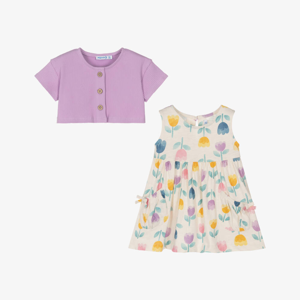 Mayoral-Girls Ivory Cotton Floral Dress & Lilac Cardigan Set | Childrensalon