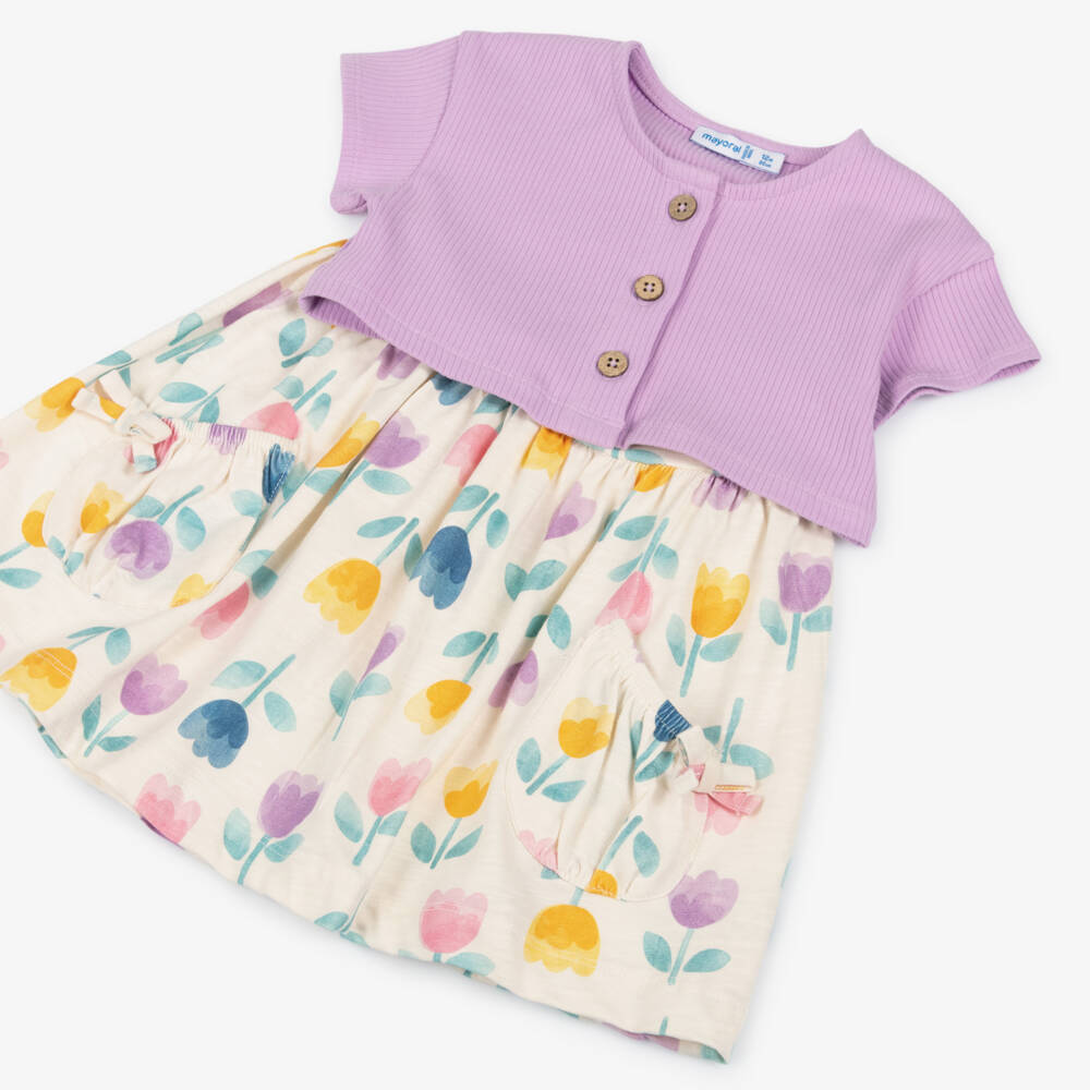 Mayoral-Girls Ivory Cotton Floral Dress & Lilac Cardigan Set | Childrensalon