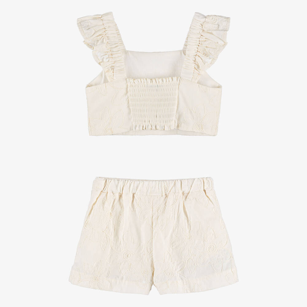 Mayoral-Girls Ivory Cotton Floral Embroidered Shorts Set | Childrensalon