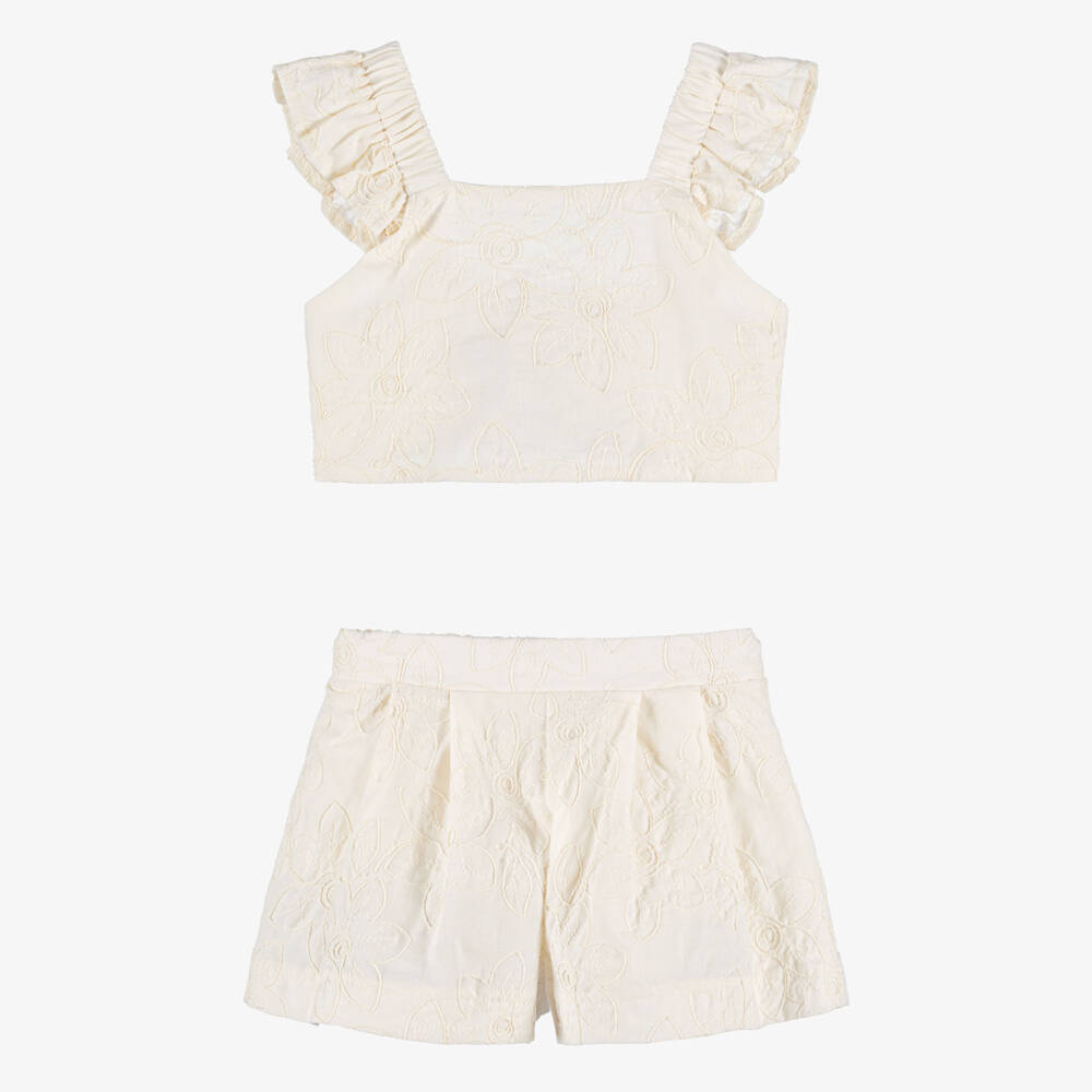 Mayoral-Girls Ivory Cotton Floral Embroidered Shorts Set | Childrensalon