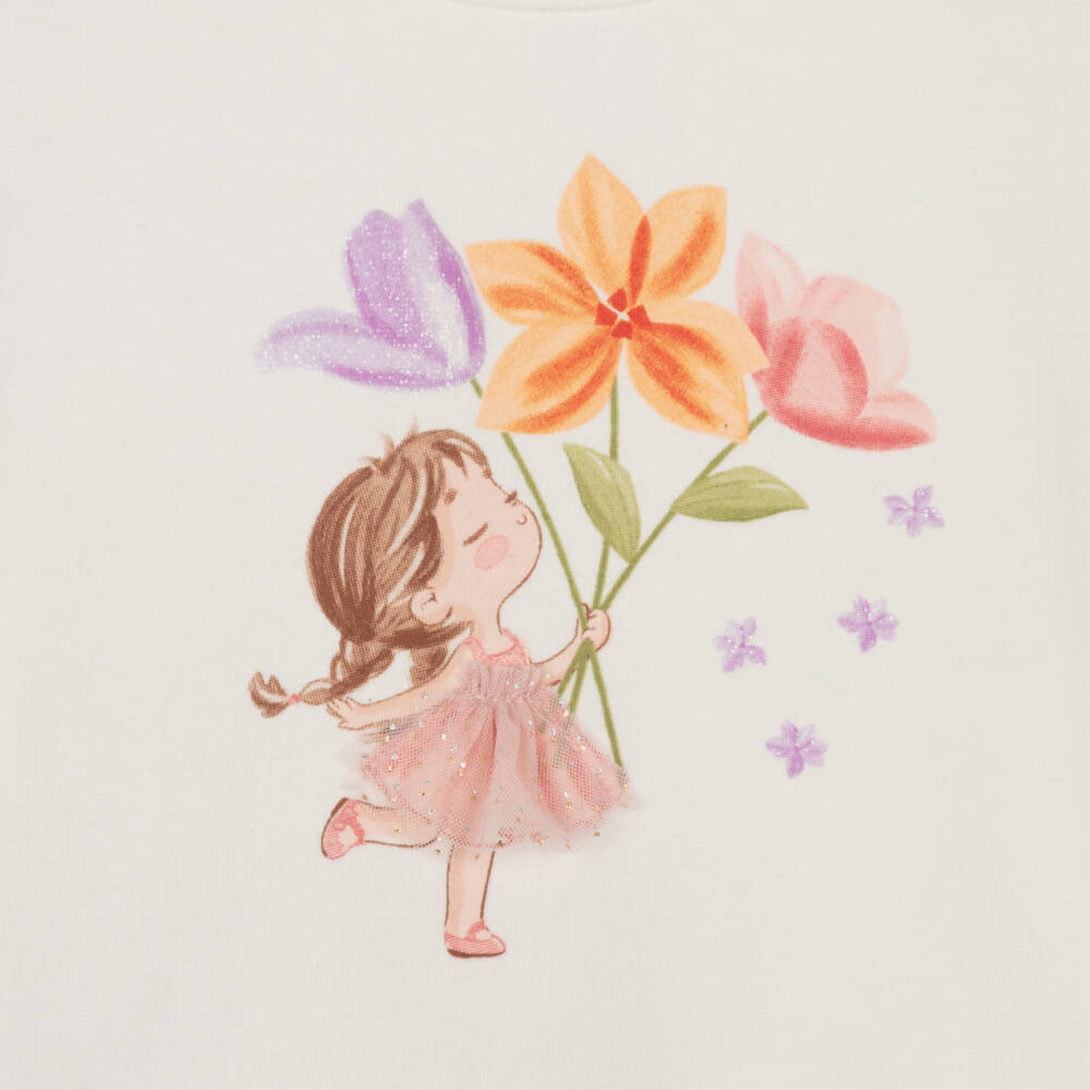 Mayoral-Girls Ivory Cotton Flower Print T-Shirt | Childrensalon