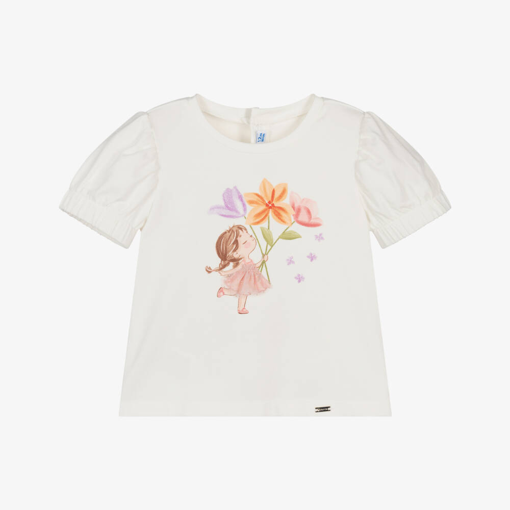 Mayoral-تيشيرت بطبعة ورود قطن لون عاجي للبنات | Childrensalon
