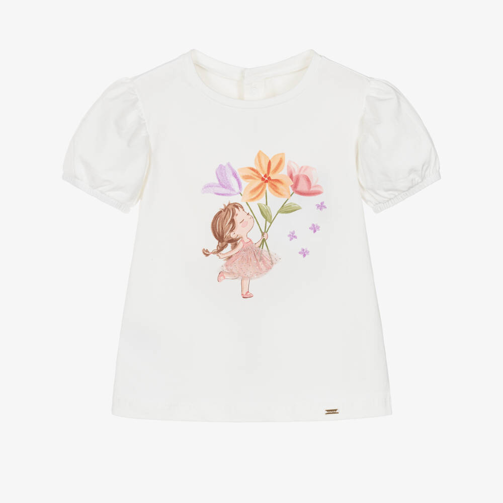 Mayoral-تيشيرت بطبعة ورود قطن لون عاجي للبنات | Childrensalon