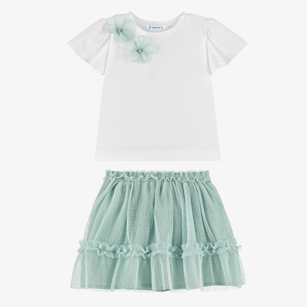 Mayoral-Girls Ivory Cotton & Green Tulle Skirt Set | Childrensalon