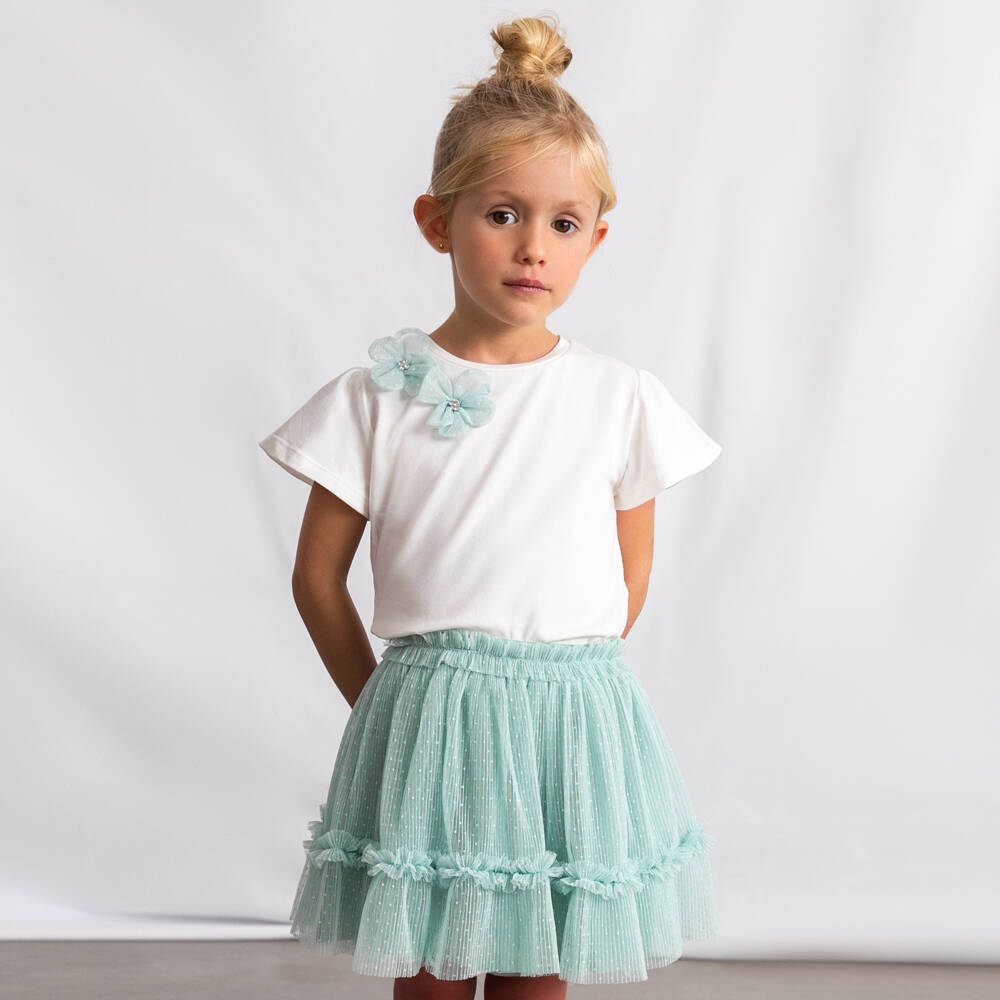 Mayoral-Girls Ivory Cotton & Green Tulle Skirt Set | Childrensalon