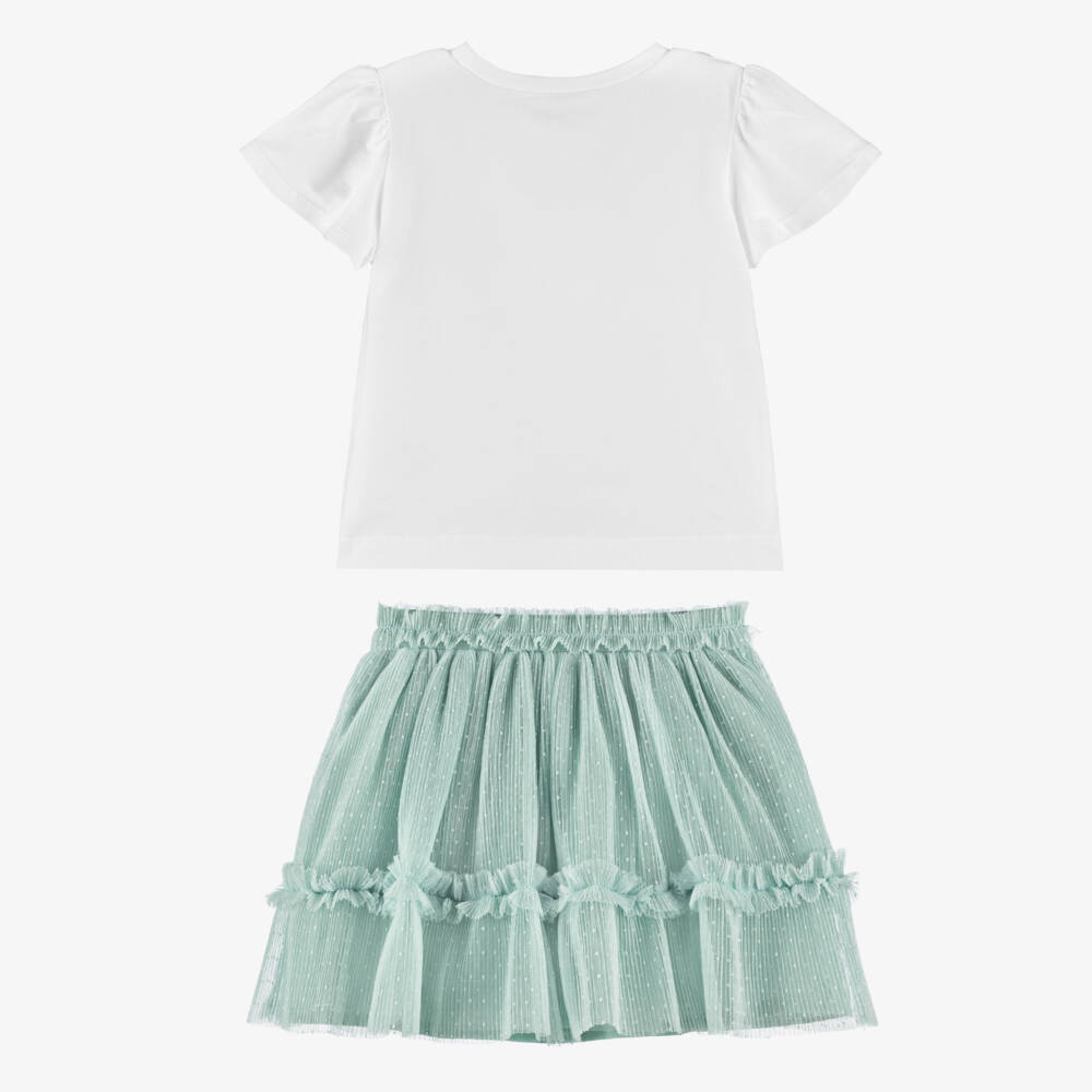 Mayoral-Girls Ivory Cotton & Green Tulle Skirt Set | Childrensalon