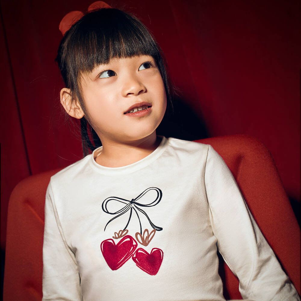 Mayoral-Girls Ivory Cotton Heart Top with Hair Scrunchie | Childrensalon