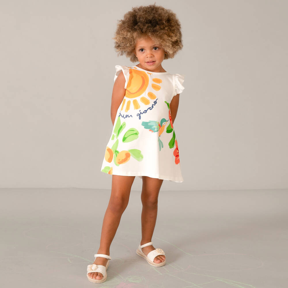 Mayoral-Girls Ivory Cotton Jersey Dress with Sun & Hummingbird Print | Childrensalon