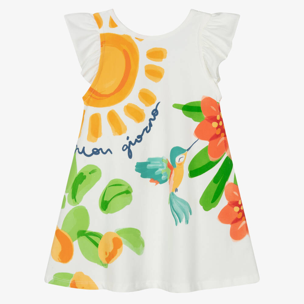 Mayoral-Girls Ivory Cotton Jersey Dress with Sun & Hummingbird Print | Childrensalon