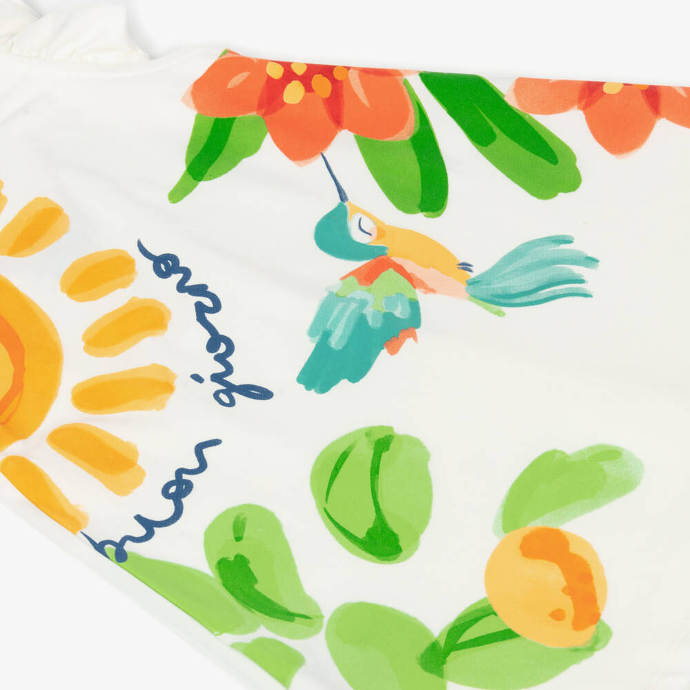 Mayoral-Girls Ivory Cotton Jersey Dress with Sun & Hummingbird Print | Childrensalon