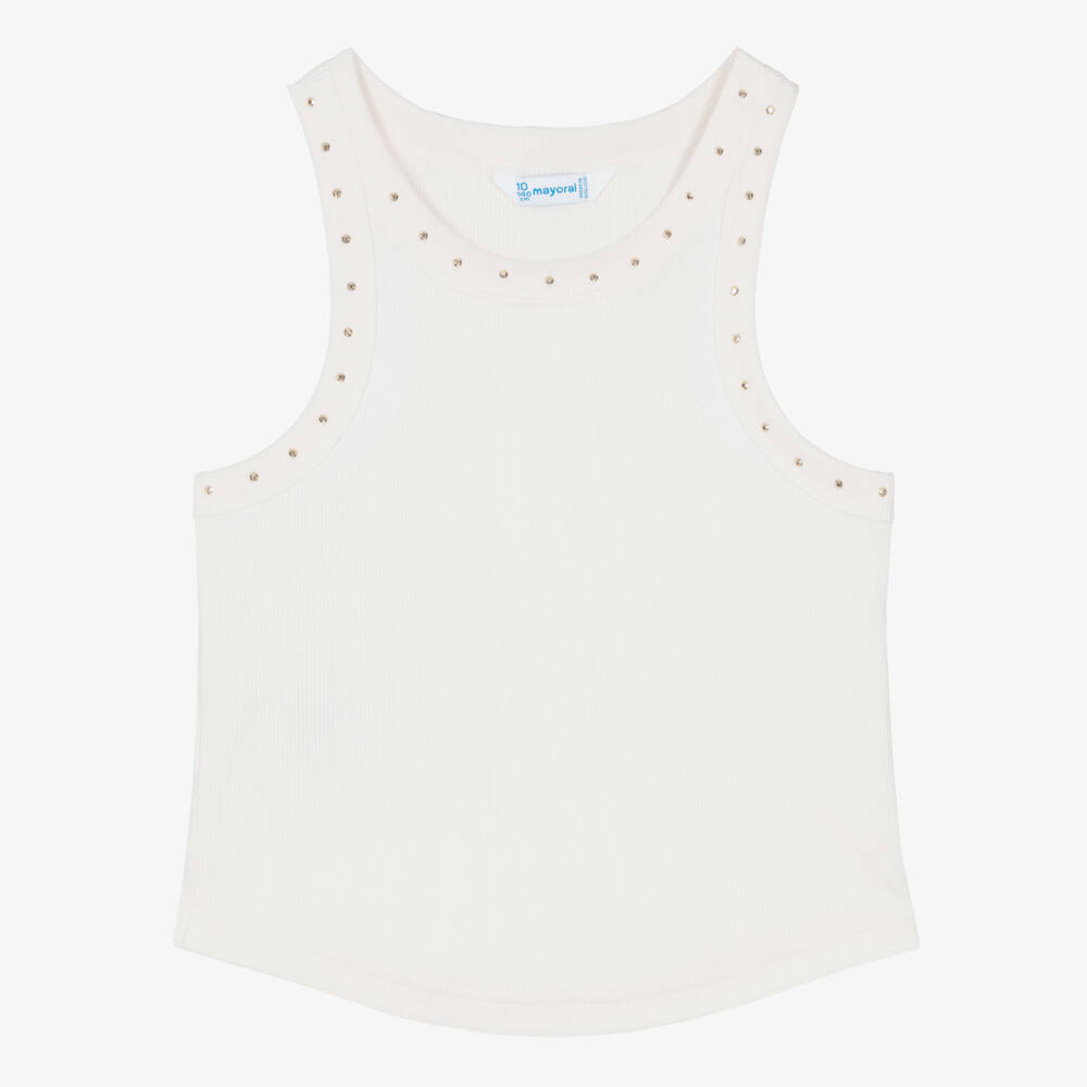 Mayoral-Girls Ivory Cotton Jersey Studded Vest Top | Childrensalon
