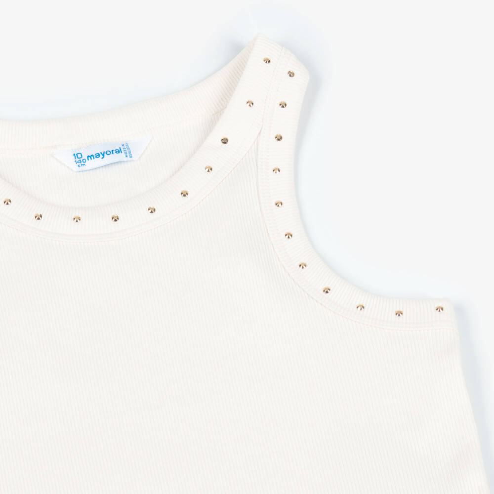 Mayoral-Girls Ivory Cotton Jersey Studded Vest Top | Childrensalon