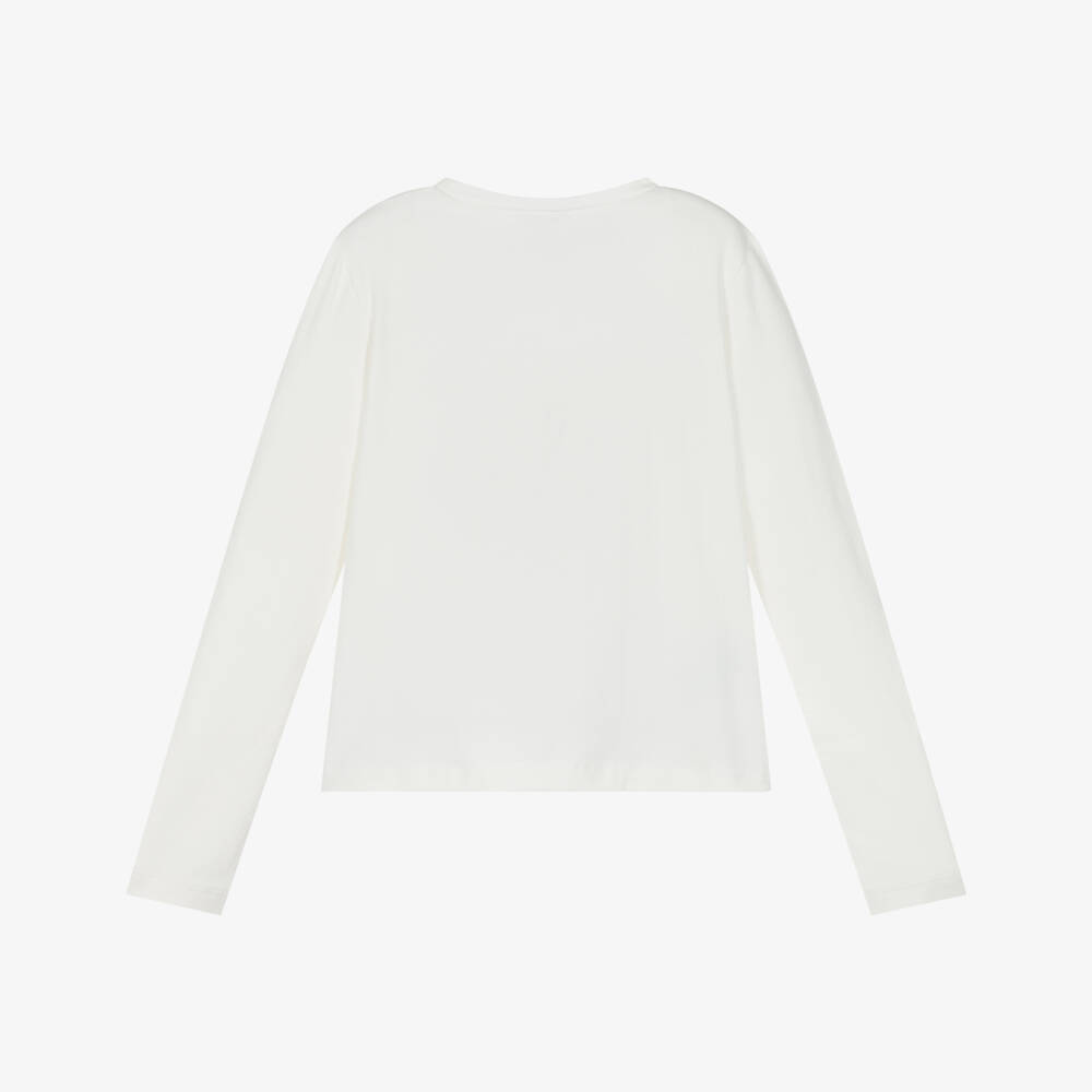 Mayoral-Girls Ivory Cotton Jersey Top with Gold Bow Print | Childrensalon