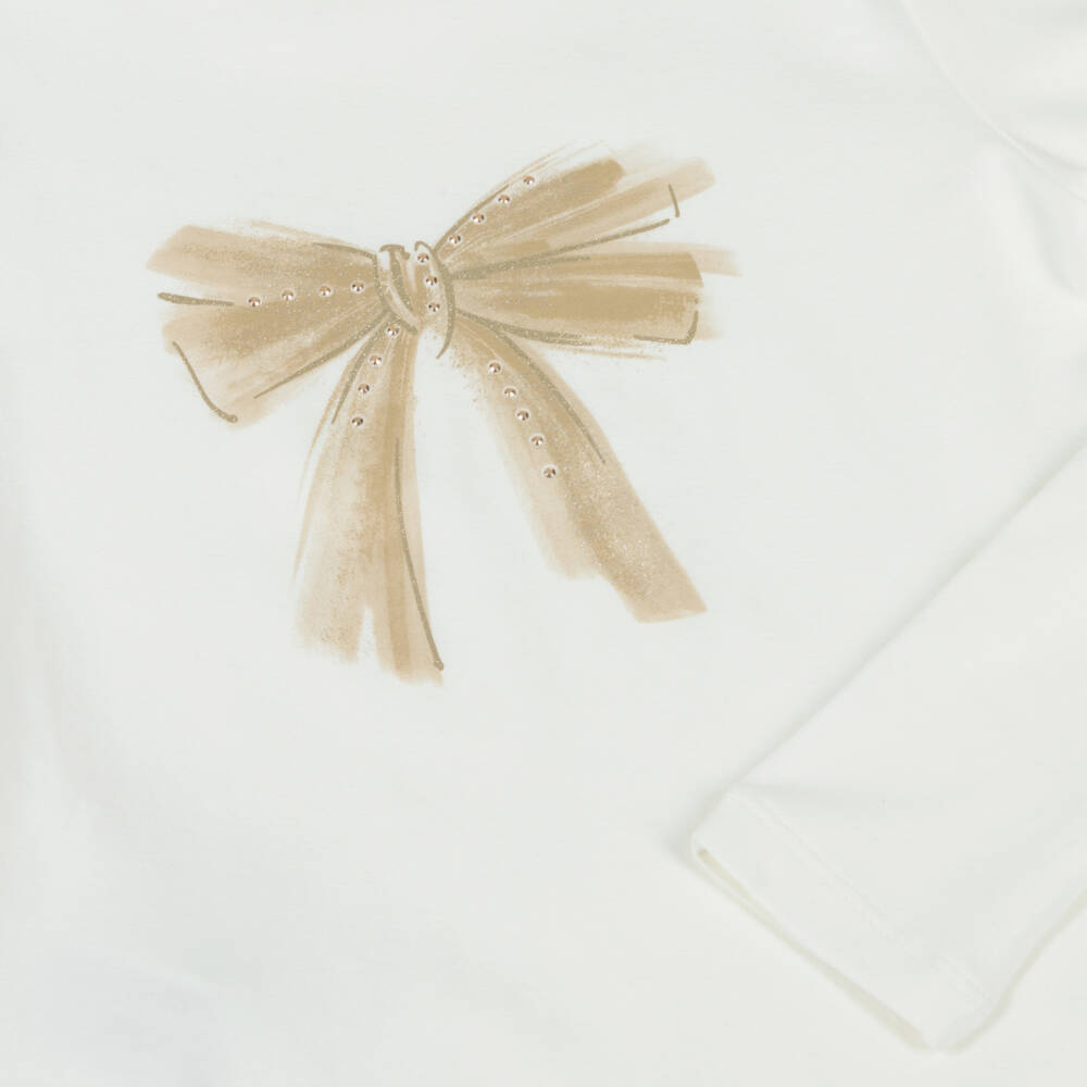 Mayoral-Girls Ivory Cotton Jersey Top with Gold Bow Print | Childrensalon