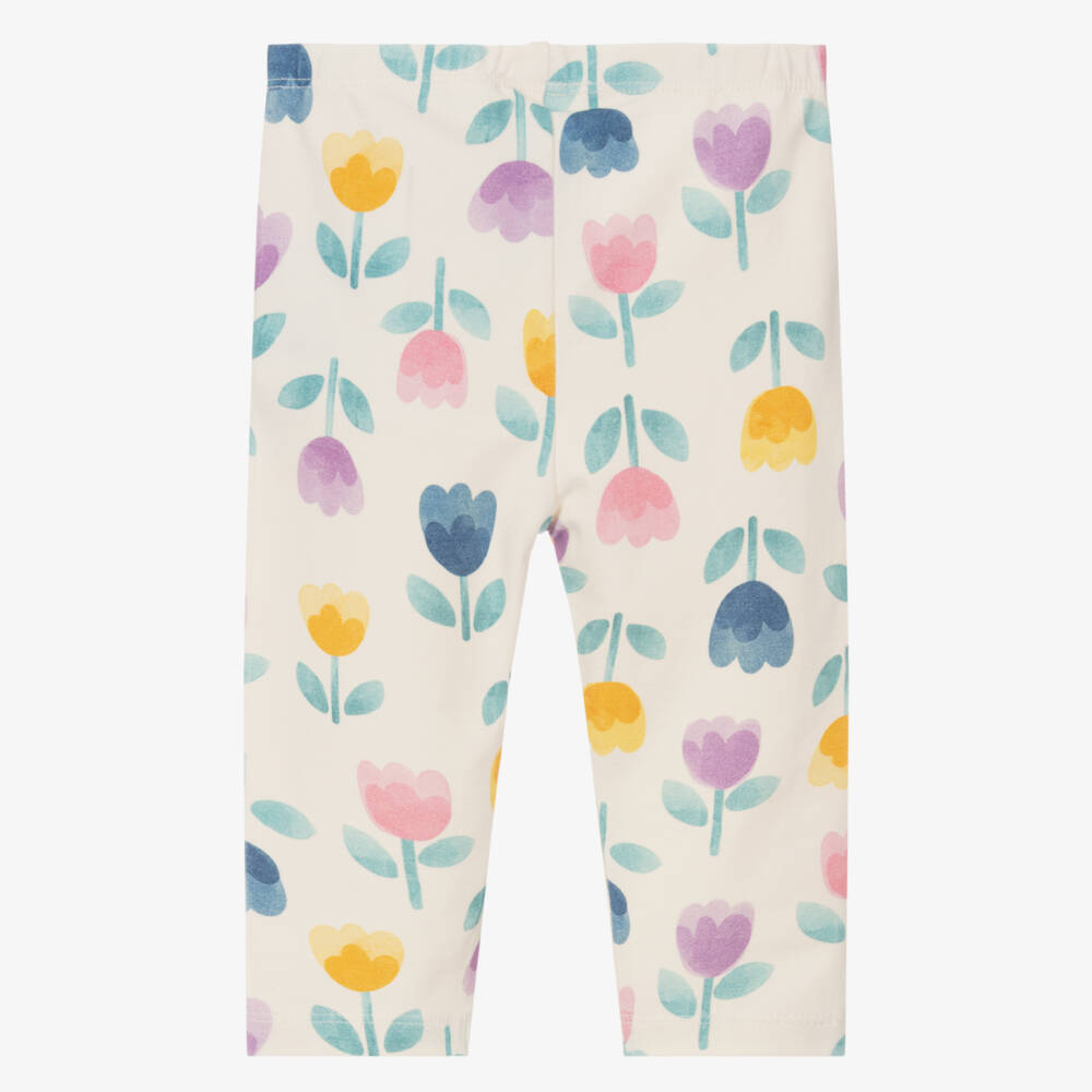 Mayoral-Girls Ivory Cotton Leggings with Colourful Flower Print | Childrensalon