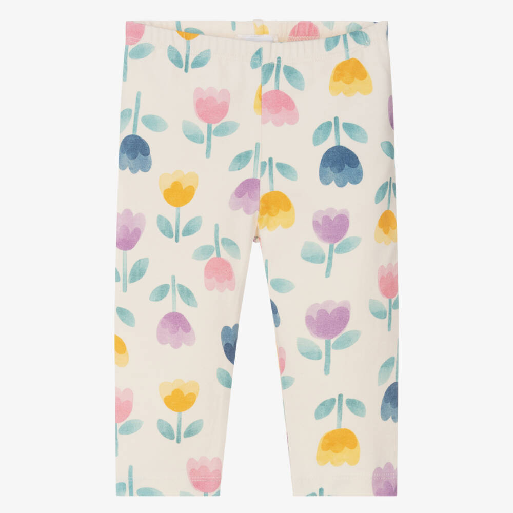 Mayoral-Girls Ivory Cotton Leggings with Colourful Flower Print | Childrensalon